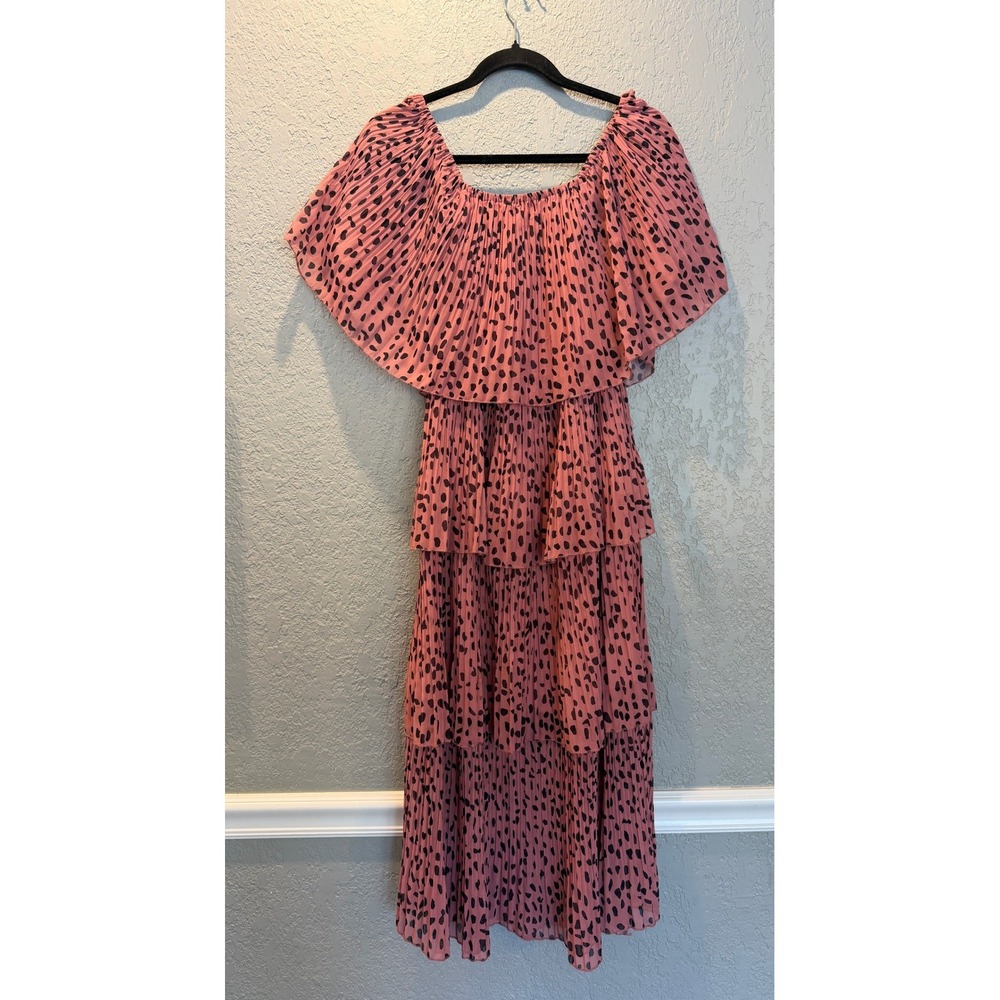 Pink Dalmatian Print Tiered Pleated Off Shoulder Midi Dress Womens Size M